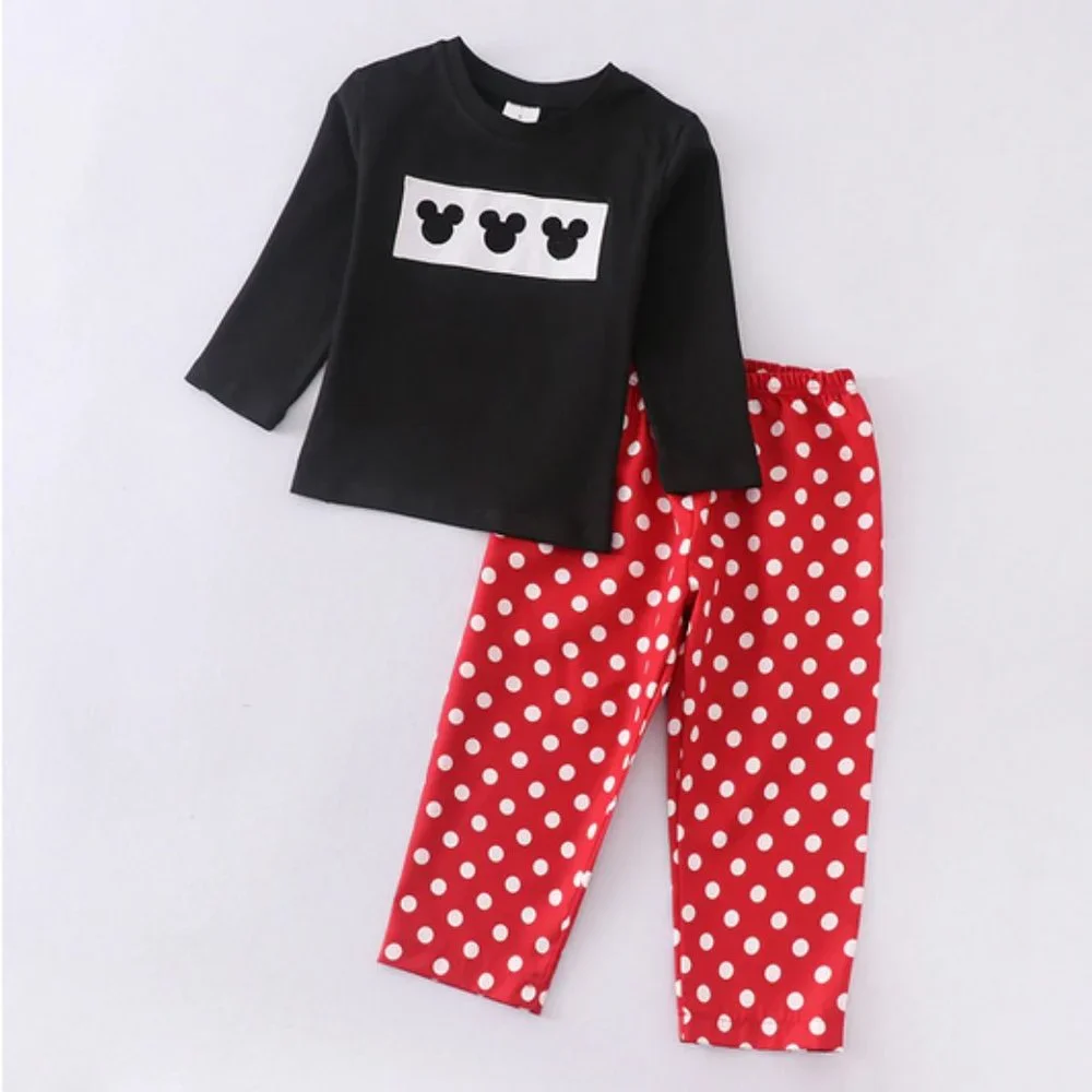 Boutique Mickey Mouse Boys Embroidered Panel Shirt Plaid Pants Outfit Set